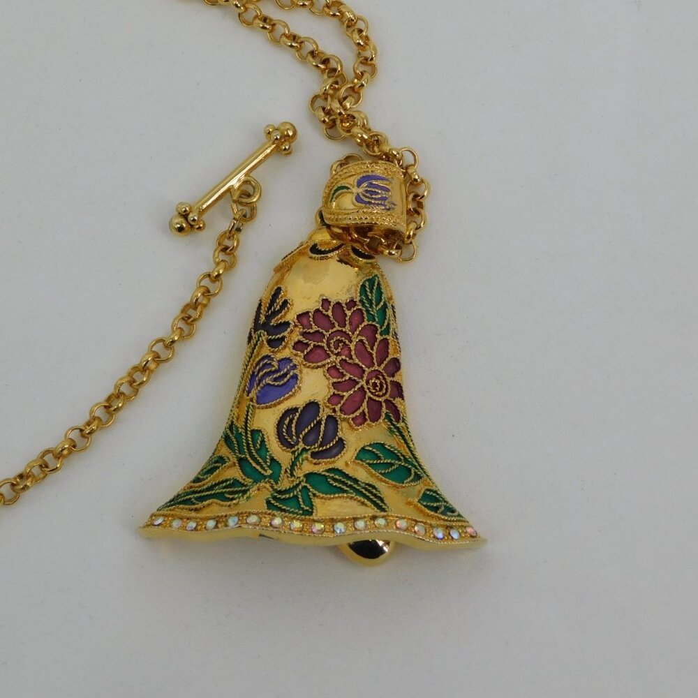Bell Shaped Pendant Necklace Gold Tone Cloisonne Rhinestones Over 28" Long FLAW